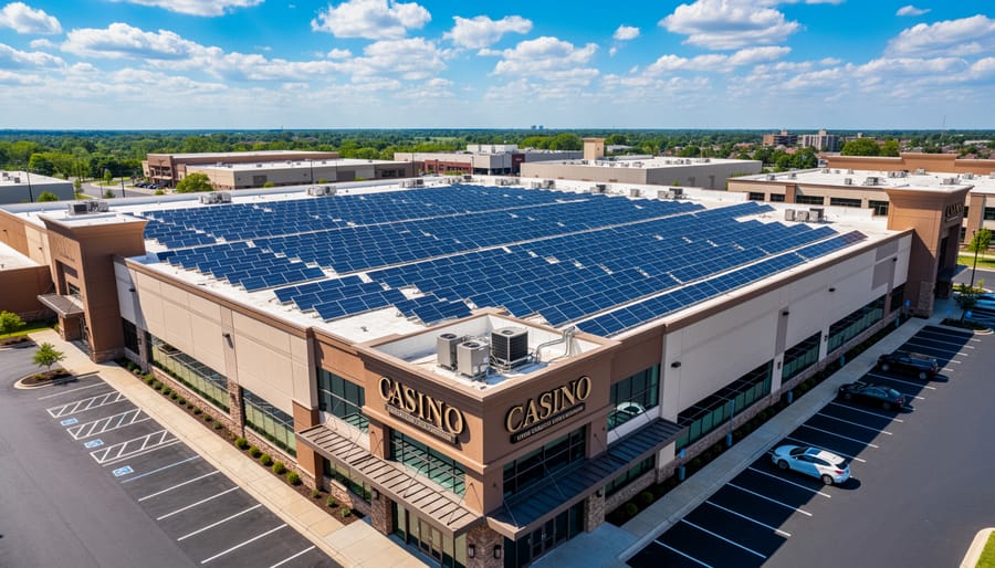 Aerial view of commercial building rooftop covered with solar panel array