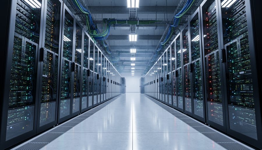 Interior view of data center server room with illuminated server racks