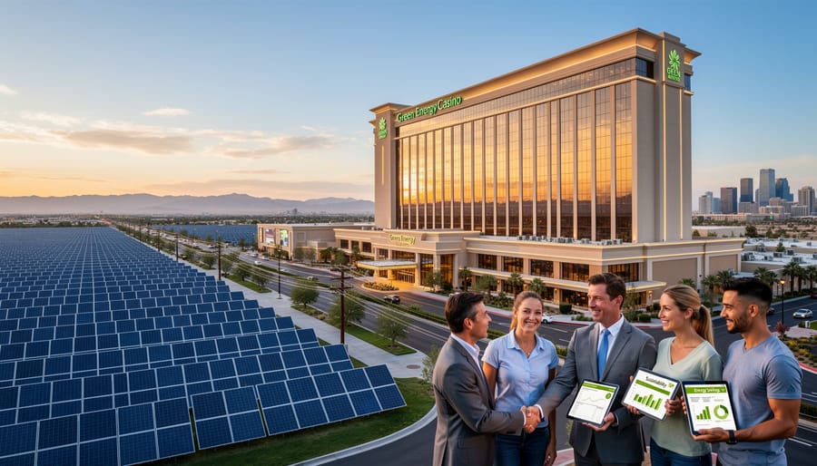 Business handshake with solar farm visible through office windows
