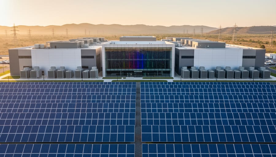Expansive rows of blue solar panels leading to a sleek data center with cooling units and a glass-walled server hall faintly glowing with RGB light, lit by warm golden-hour sun, with distant power lines and low hills softly blurred in the background.