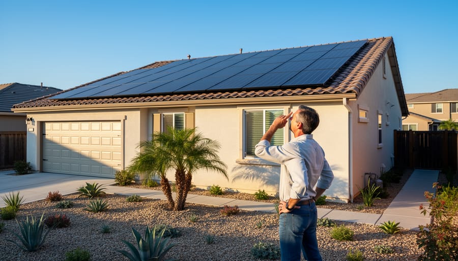 Homeowner looking at rooftop solar panels in a California backyard