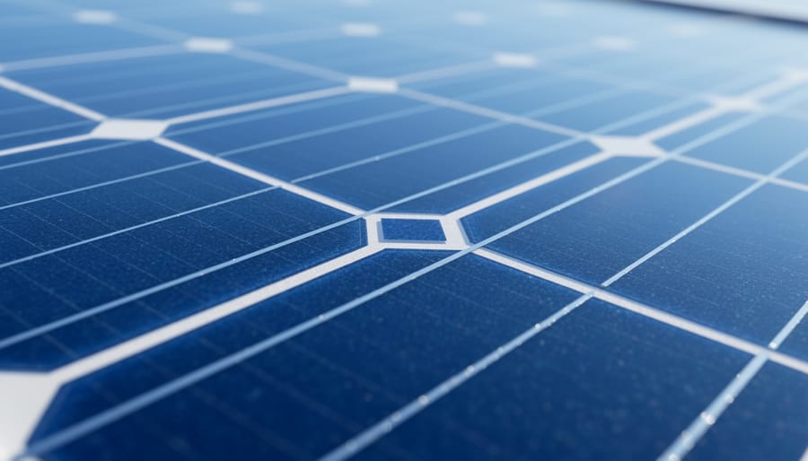 Close-up of photovoltaic solar panel cells reflecting sunlight