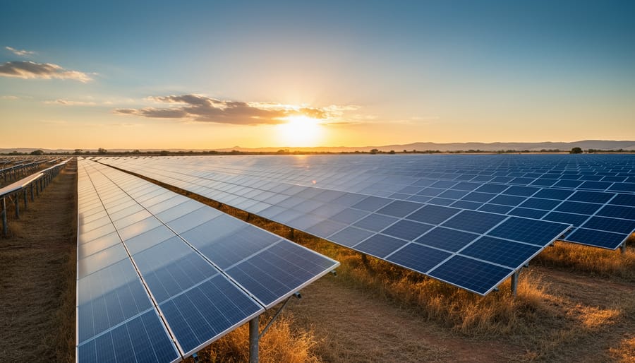 Sunlit solar panels in a solar farm field during golden hour