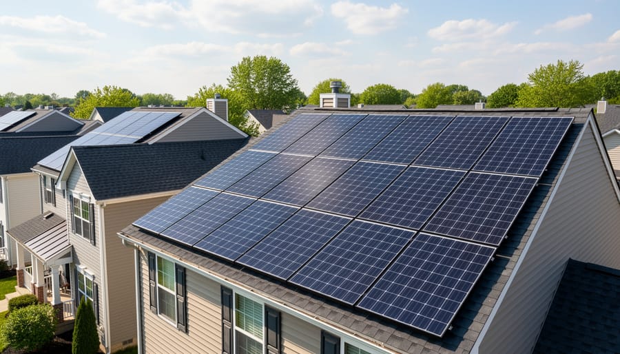 Rooftop solar panels installed on a residential roof under a clear blue sky