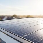 Solar panels installed on a home rooftop under bright sunlight, showing the photovoltaic array in clear detail.