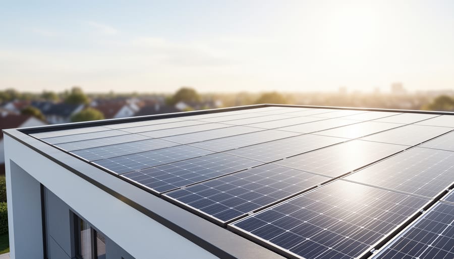 Solar panels installed on a home rooftop under bright sunlight, showing the photovoltaic array in clear detail.
