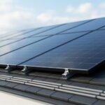 Modern home rooftop with solar panels and nearby inverter and energy monitoring equipment, shown in soft daylight to suggest solar power connections.