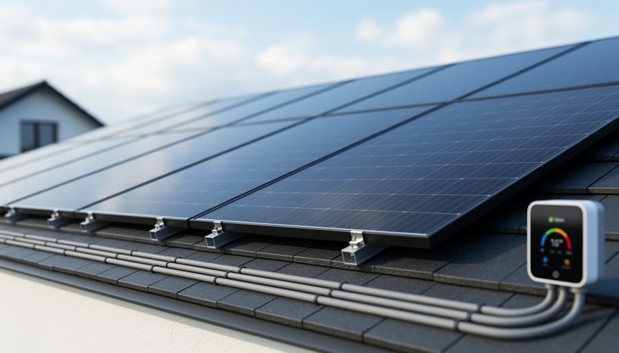 Modern home rooftop with solar panels and nearby inverter and energy monitoring equipment, shown in soft daylight to suggest solar power connections.