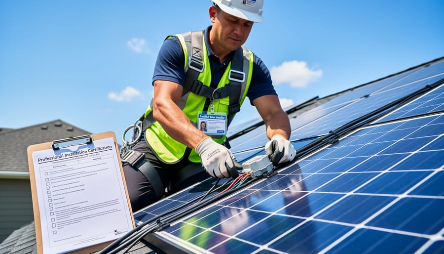 Solar technician checking a multimeter near a solar inverter compartment