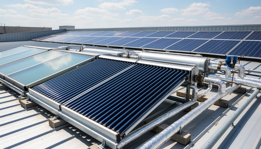 Solar thermal collectors mounted on a building roof in warm golden hour sunlight