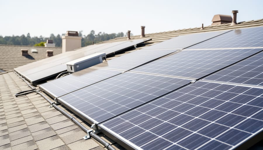 “Rooftop solar panels on a California home under a bright overcast sky, with blurred neighborhood background.”