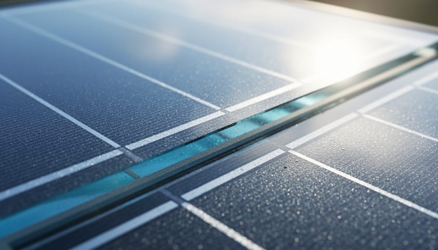 Close-up macro view of a solar panel surface showing crystalline cell texture