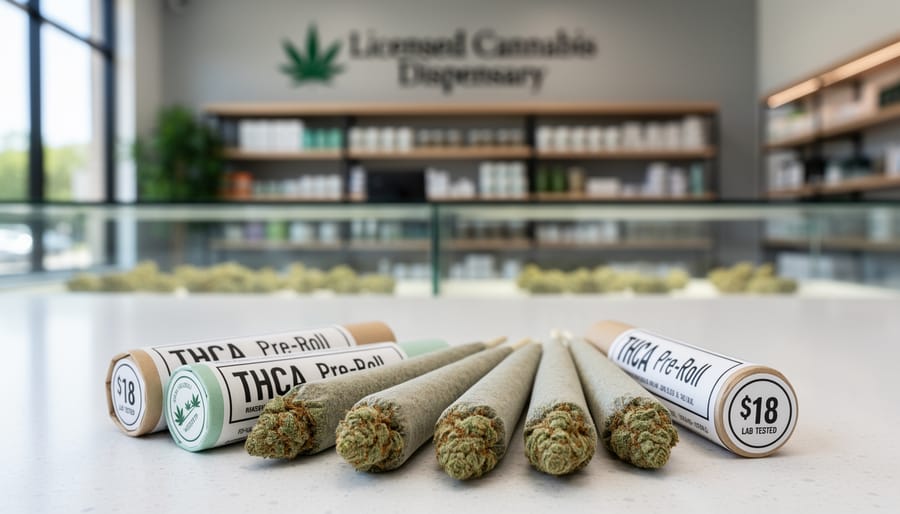 Close-up of cannabis pre-rolls on a clean stainless surface with blurred retail shelves in the background