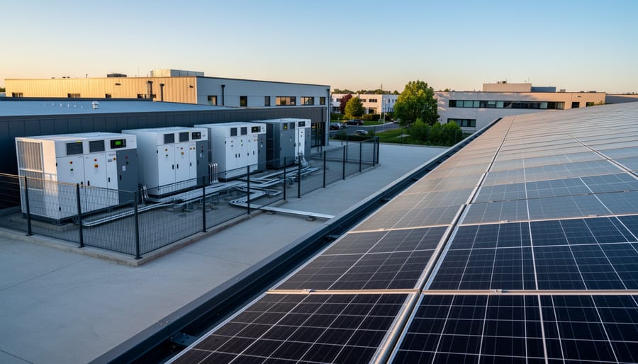 Commercial building solar panels with adjacent battery storage cabinet during golden hour
