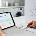 Close-up of a person’s hands placing a recent electricity bill and purchase receipt next to a tablet while preparing a rebate application for a new energy-efficient appliance.