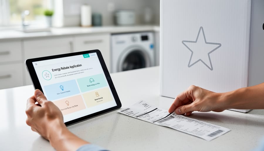 Close-up of a person’s hands placing a recent electricity bill and purchase receipt next to a tablet while preparing a rebate application for a new energy-efficient appliance.