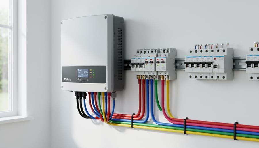 Hand touching a solar inverter and electrical components in a home garage utility area