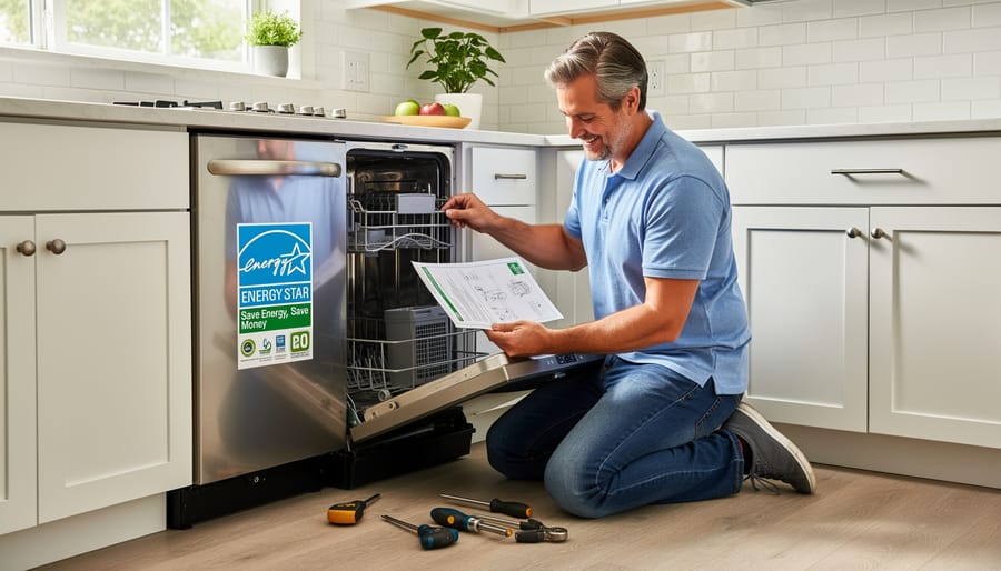 Homeowner adjusting and installing a new energy-efficient heat pump dryer in a laundry room