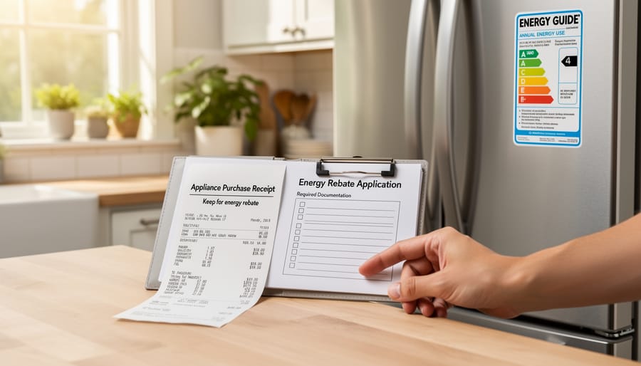 Homeowner holding a purchase receipt and appliance details card at a kitchen table