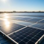 Rooftop solar panels with photovoltaic cells in bright sunlight, showing the glass surface reflecting warm rays.