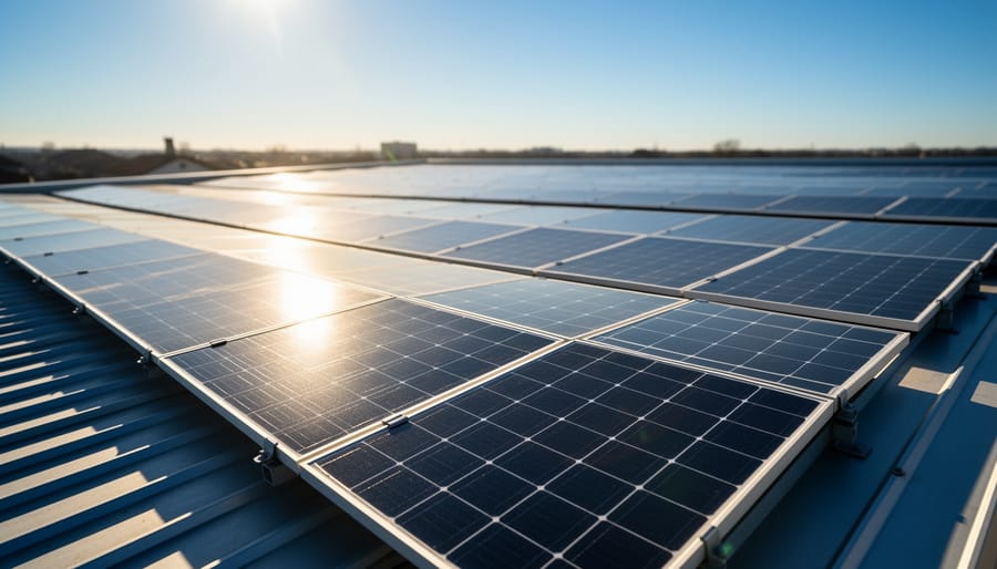Rooftop solar panels with photovoltaic cells in bright sunlight, showing the glass surface reflecting warm rays.