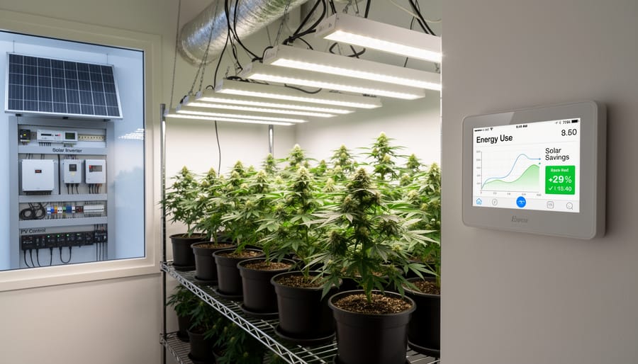 Indoor cultivation grow room with plants under ceiling grow lights and visible HVAC elements in the background