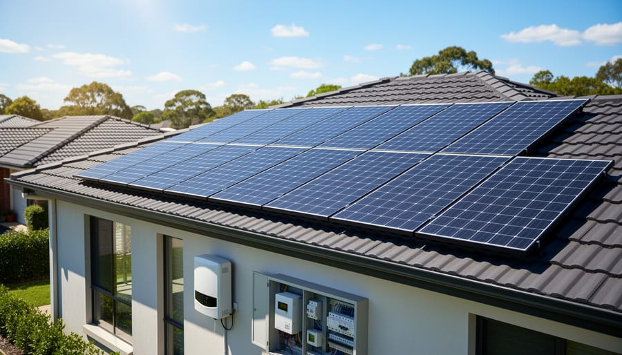 Rooftop solar panels in bright sunlight on a residential home