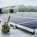 Hemp pre-roll jar next to rooftop solar panels on a commercial facility, representing THCA pre-roll compliance and solar rebate benefits.