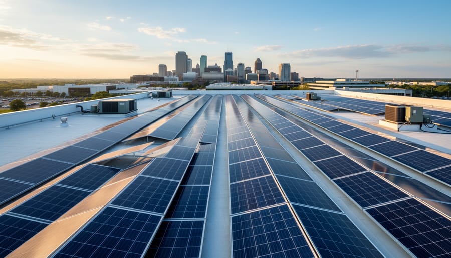 Wide view of commercial rooftop solar panels on a modern warehouse building under an overcast sky