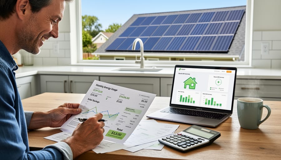 Homeowner reviewing an energy bill near a solar inverter with indicator lights