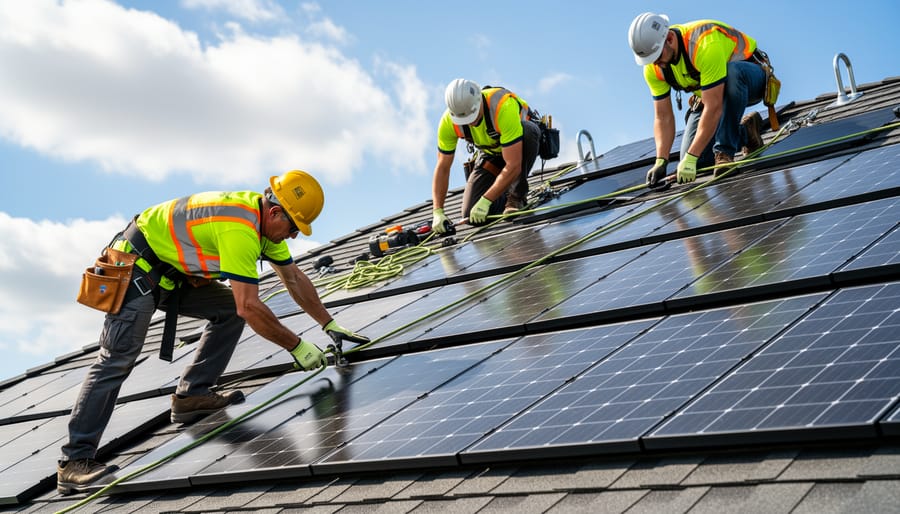 Solar installers working on a residential roof with safety harnesses and rooftop equipment