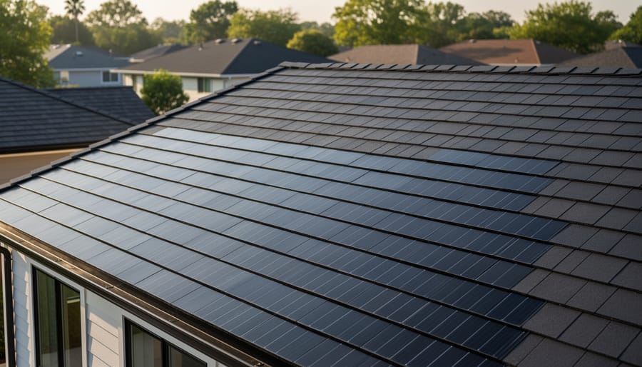 Residential rooftop with solar shingle tiles integrated into the roof surface