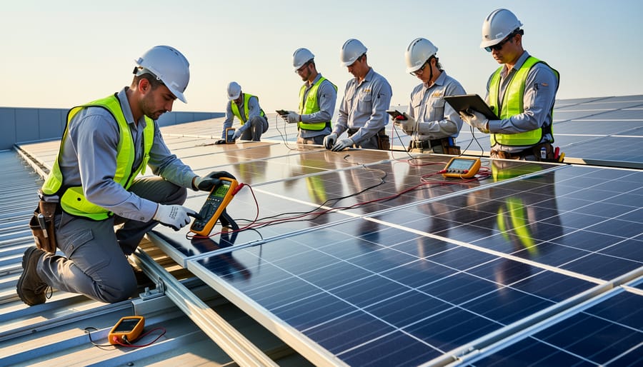 Solar installation team inspecting photovoltaic panels on a residential rooftop