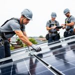 Solar installer team inspecting photovoltaic panels on a residential rooftop while reviewing mounting hardware under an overcast sky.