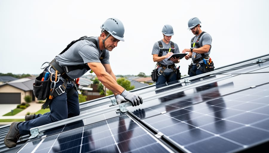Solar installer team inspecting photovoltaic panels on a residential rooftop while reviewing mounting hardware under an overcast sky.