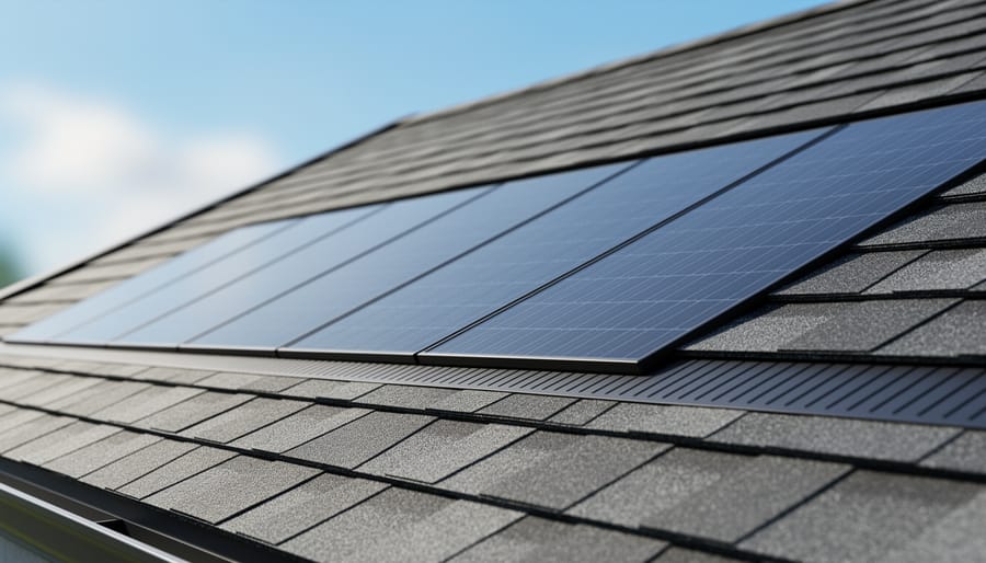 Close-up of solar shingle tiles installed on a pitched roof