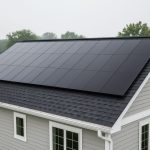 Close view of a modern suburban house roof with integrated solar shingle tiles under soft daylight.