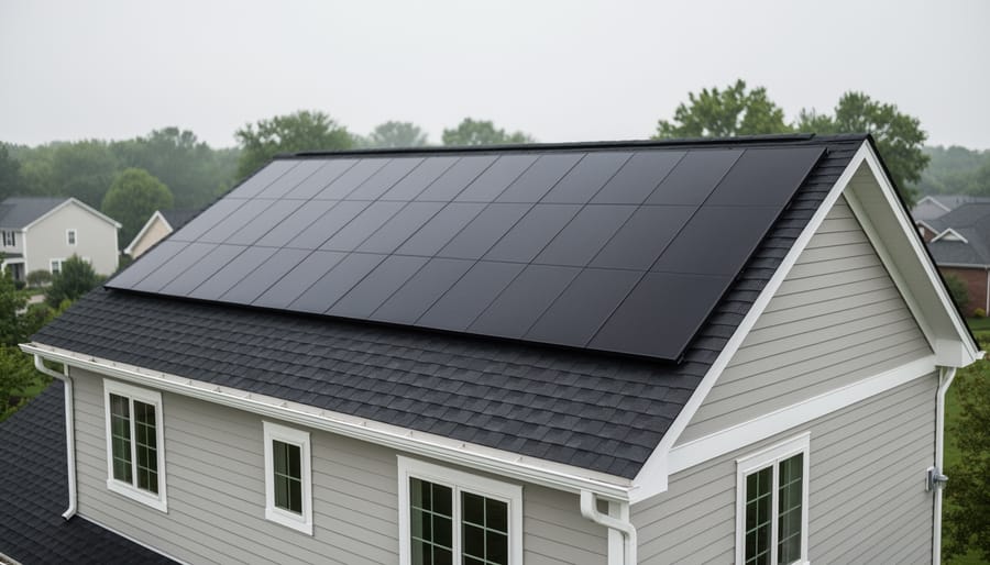 Close view of a modern suburban house roof with integrated solar shingle tiles under soft daylight.