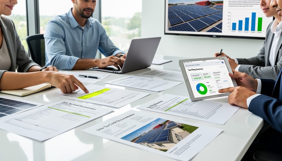Business owner and accountant reviewing solar-related tax paperwork indoors