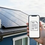 Solar panels on a home rooftop with an inverter and a homeowner holding a smartphone with a tax document icon, representing the federal solar tax credit.