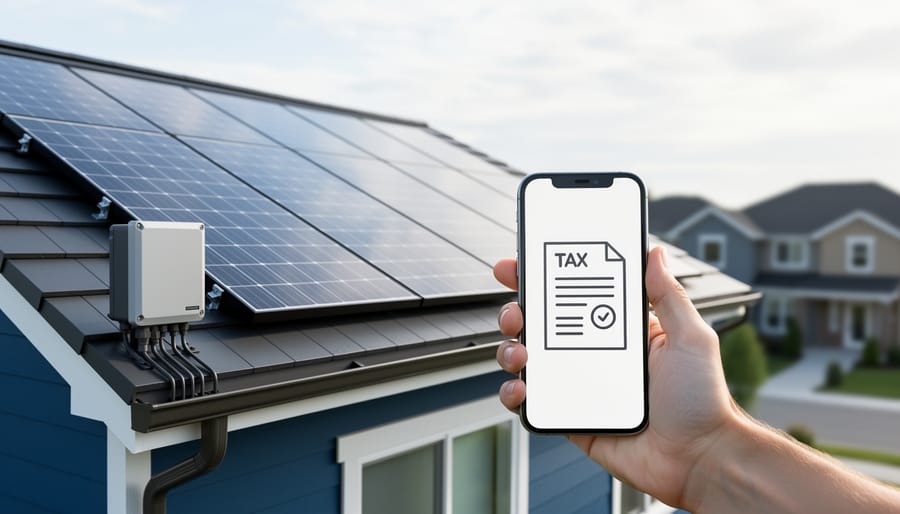 Solar panels on a home rooftop with an inverter and a homeowner holding a smartphone with a tax document icon, representing the federal solar tax credit.