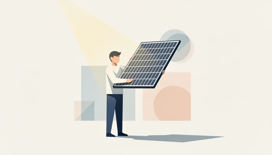 Homeowner holding a solar panel module outdoors in soft daylight