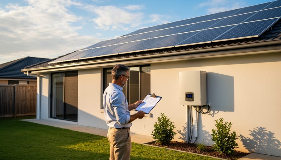Homeowner inspecting newly installed solar panels on a residential roof