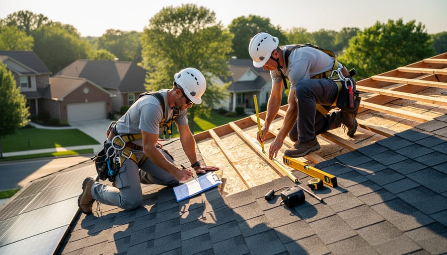 Certified installer wearing fall protection inspecting the roof deck during solar shingle preparation
