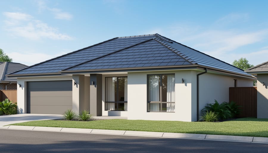 Modern home roof with integrated solar shingle tiles under soft daylight