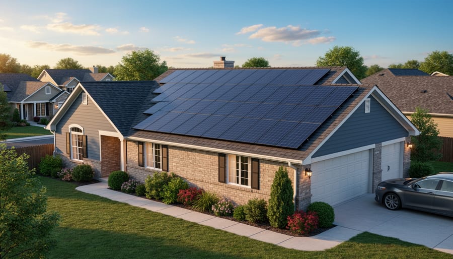 Residential roof with installed solar panels under golden hour sunlight