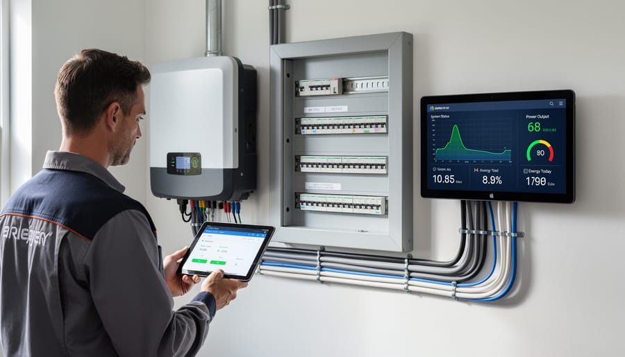 Residential electrical panel with solar-related wiring and nearby monitoring equipment