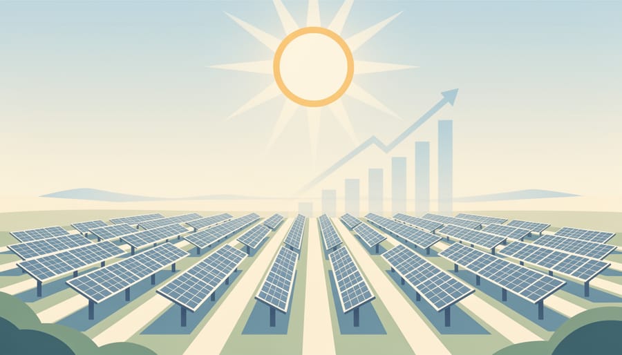 Solar farm panels catching golden hour sunlight