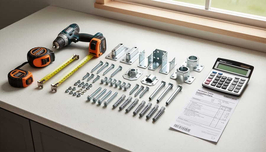 Close-up of solar panel mounting hardware and installer tools on a rooftop