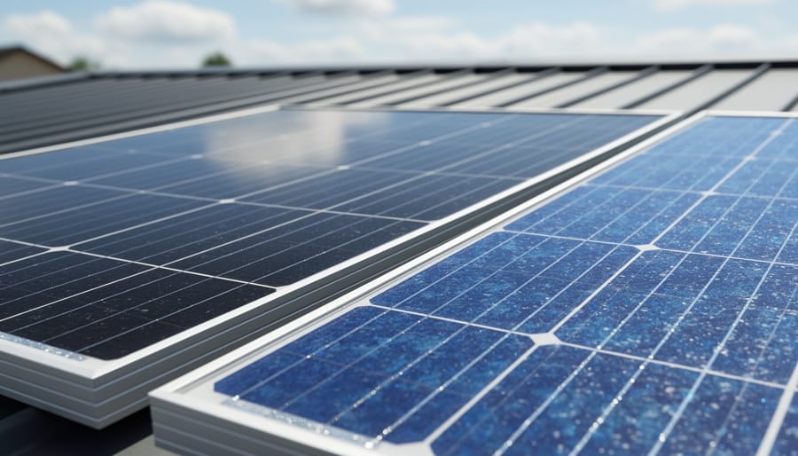 Close-up of a solar panel surface showing cell texture and reflections